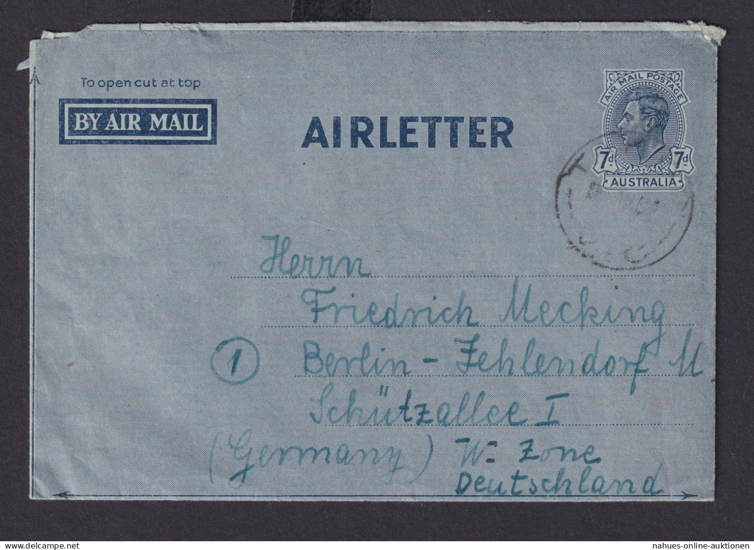 Flugpost Air Mail Australien Ganzsache Aerogramm 7d Nach Berlin Zehlendorf - Collections