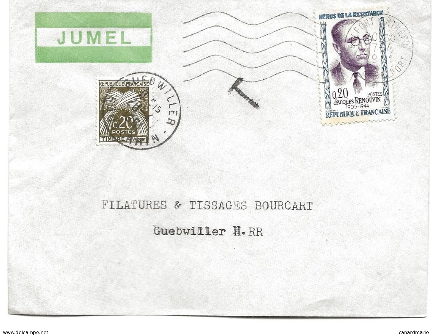 LETTRE 1961 AVEC TIMBRE A 0,20 FR RENOUVIN ET TIMBRE TAXE A 0,20 FR - 1960-.... Storia Postale