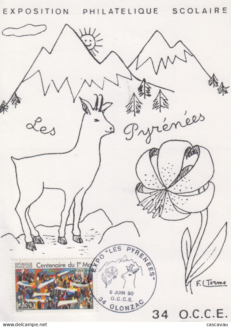 Carte  FRANCE   Exposition  Philatélique   Les  Pyrénées   OLONZAC   1990 - Philatelic Exhibitions