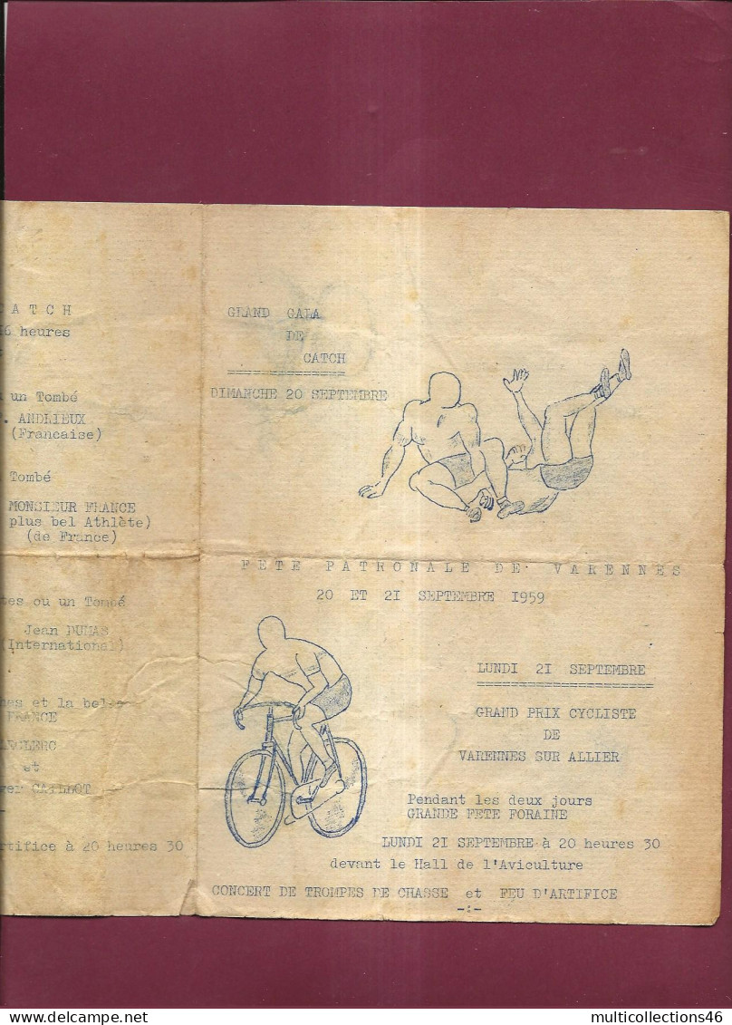 100424 - Programme Gala Catch Fête Patronale VARENNES SUR ALLIER 1959 Cyclisme Fête Foraine Trompe Chasse Feu Artifice - Cyclisme