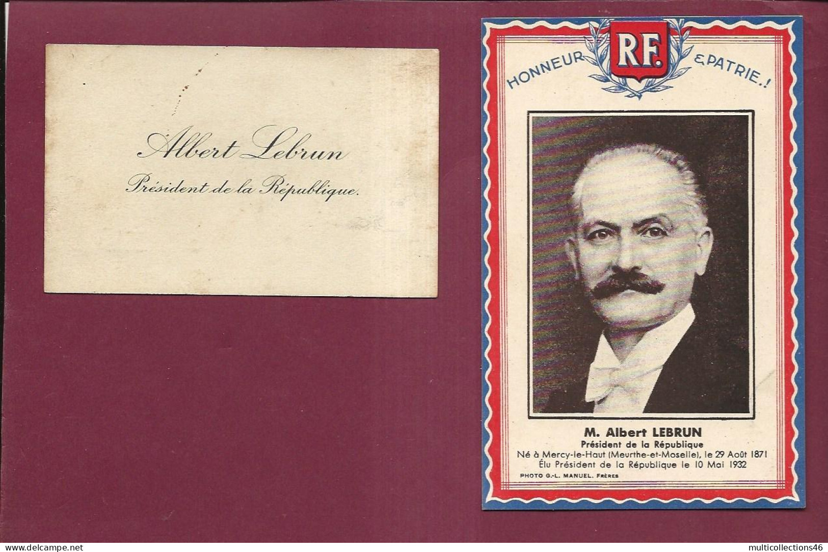 110424 - CARTE RF ALBERT LEBRUN Photo Manuel Avec Carte De Visite - Politique Président Français - Persönlichkeiten