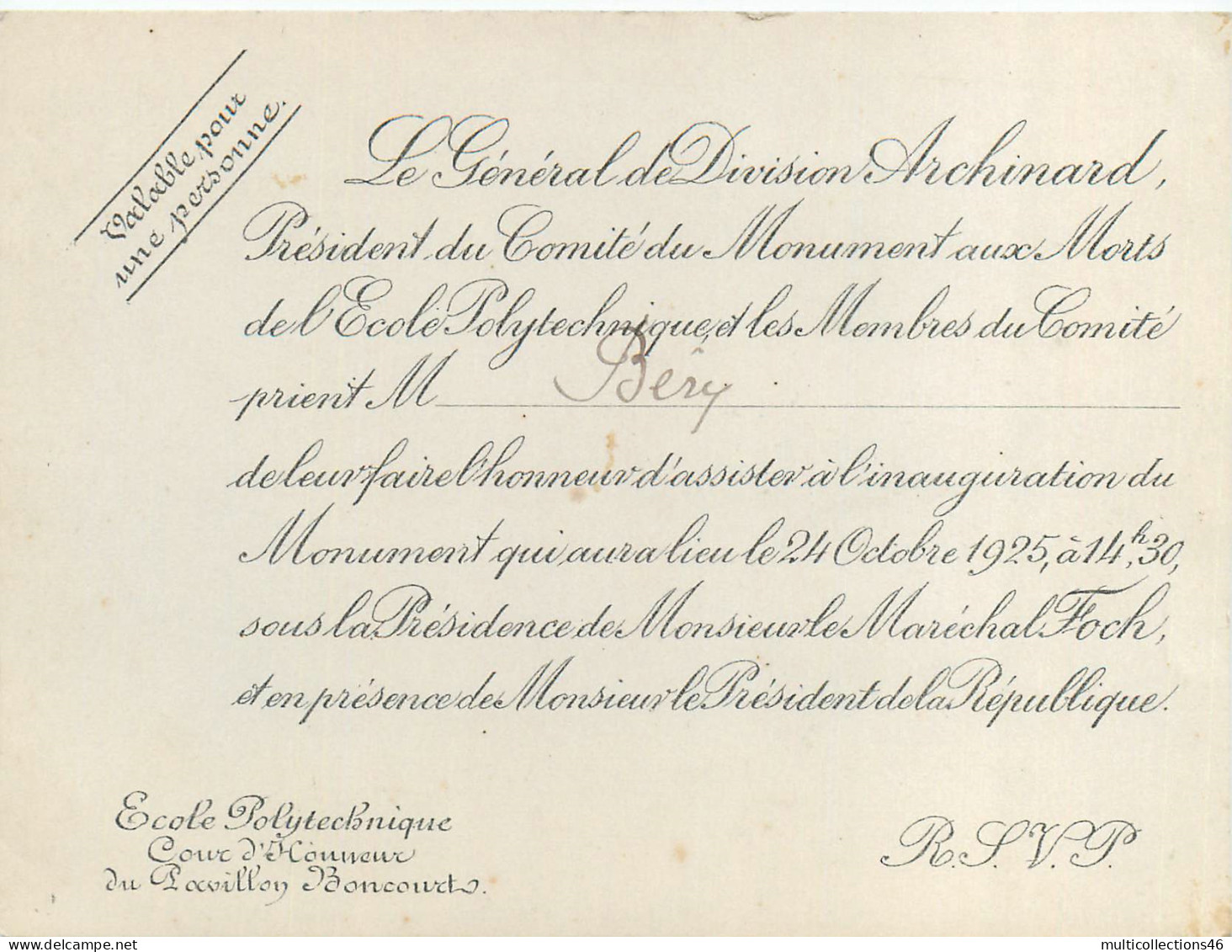 110424 - Invitation GENERAL DE DIVISION ARCHINARD Inauguration 1925 Monument Aux Morts Ecole Polytechnique Mal FOCH - 1914-18