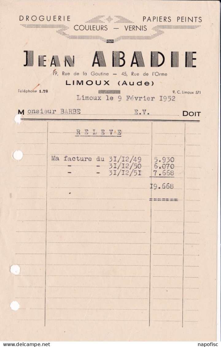 11-J.Abadie.....Droguerie, Papiers-Peints, Couleurs, Vernis...Limoux...(Aude)...1952 - Chemist's (drugstore) & Perfumery