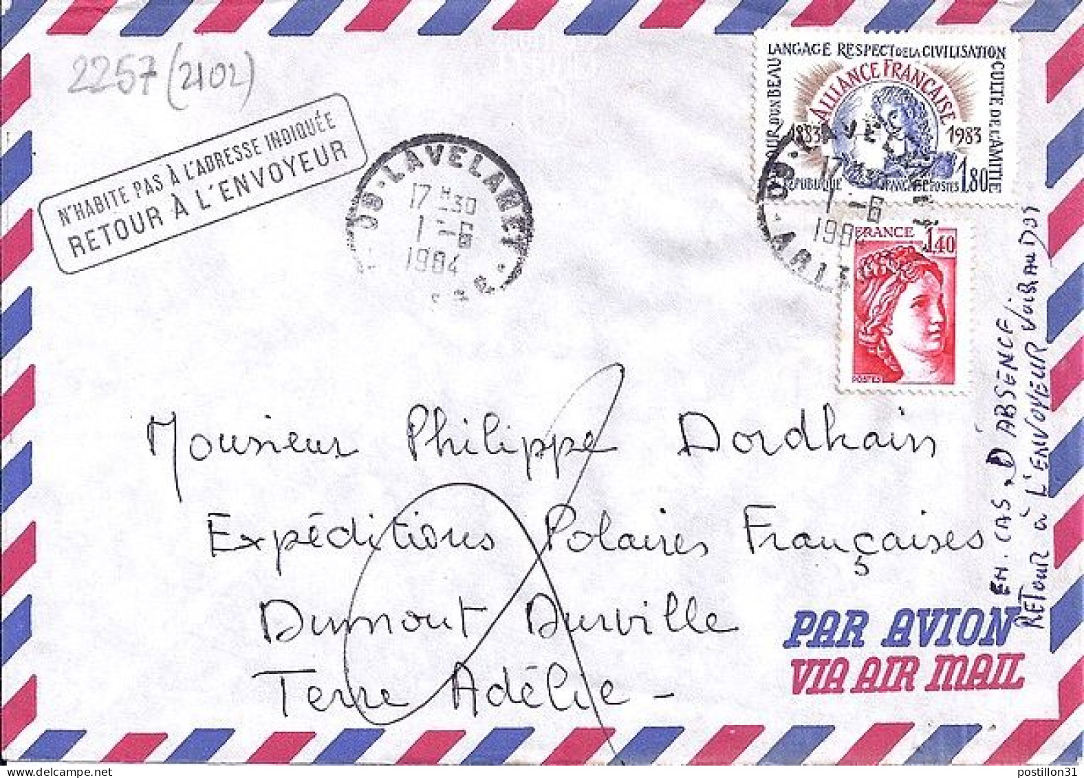 FRANCE N° 2257 + COMPL S/L. DE LAVELANET/1.6.84 POUR LES TAAF - Lettres & Documents