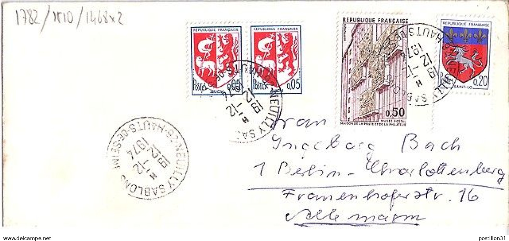 FRANCE N° 1782/1510/1468x2 S/L.DE NEUILLY SABLONS/12.12.74 POUR L’ALLEMAGNE - Covers & Documents