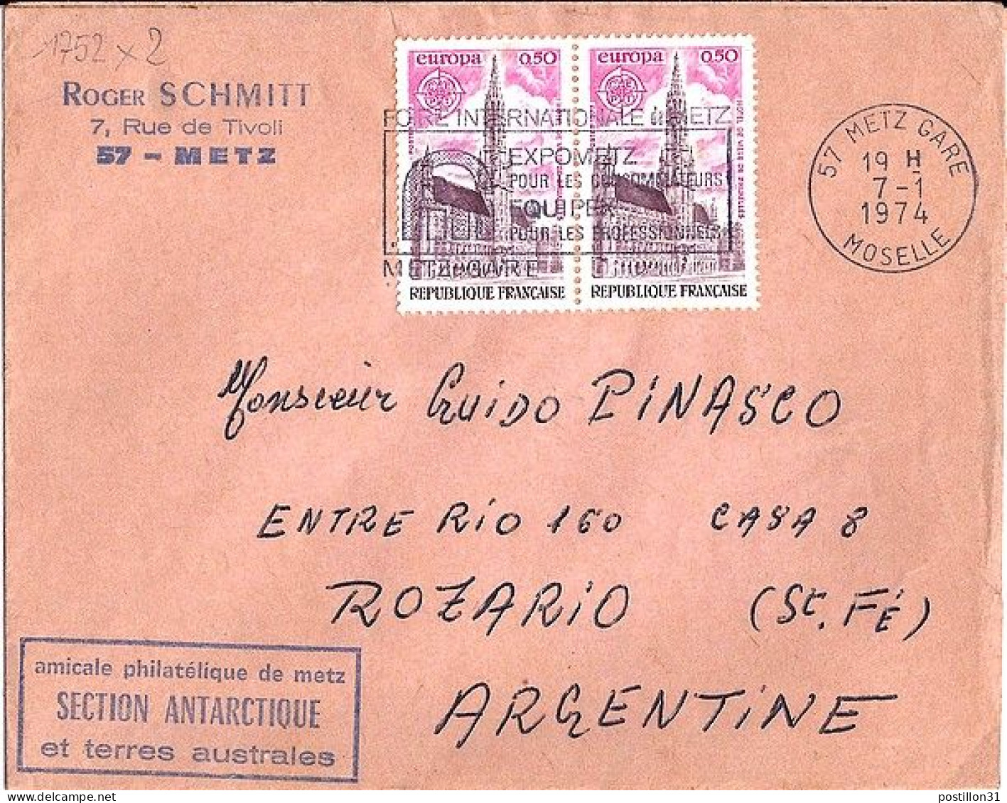 FRANCE N° 1752x2 S/L. DE METZ GARE/7.1.74 POUR L’ARGENTINE - Covers & Documents