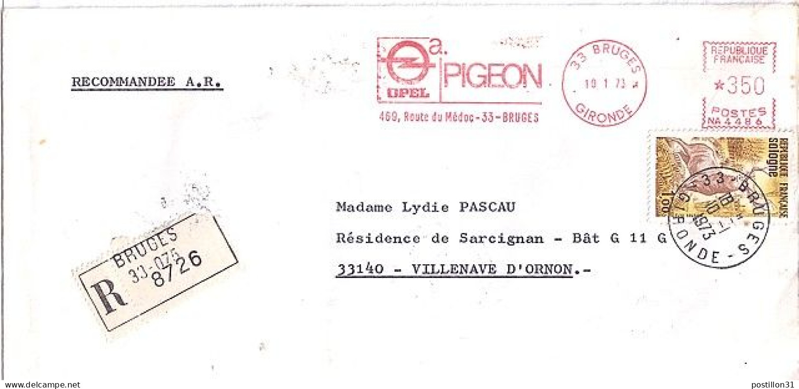 FRANCE N° 1725 + EMA S/L.REC. DE BRUGES/10.1.73  - Covers & Documents