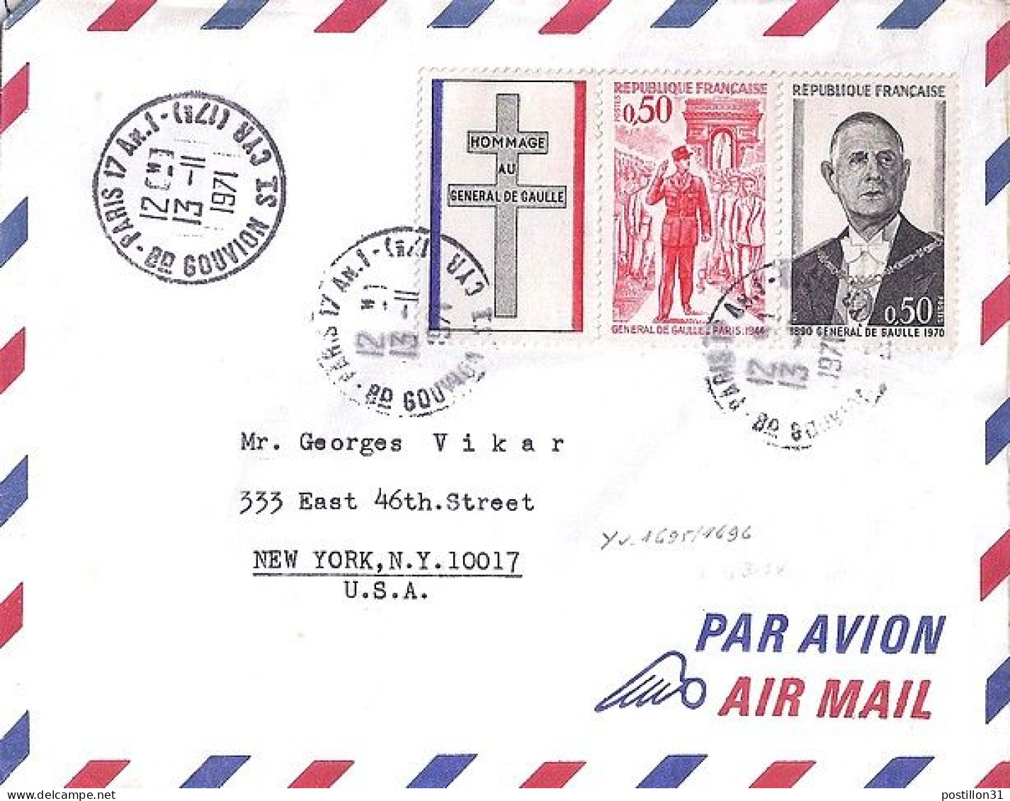 FRANCE N° 1698/1697 S/L. DE PARIS 17 ANN.1/13.11.71 POUR LES USA - Covers & Documents