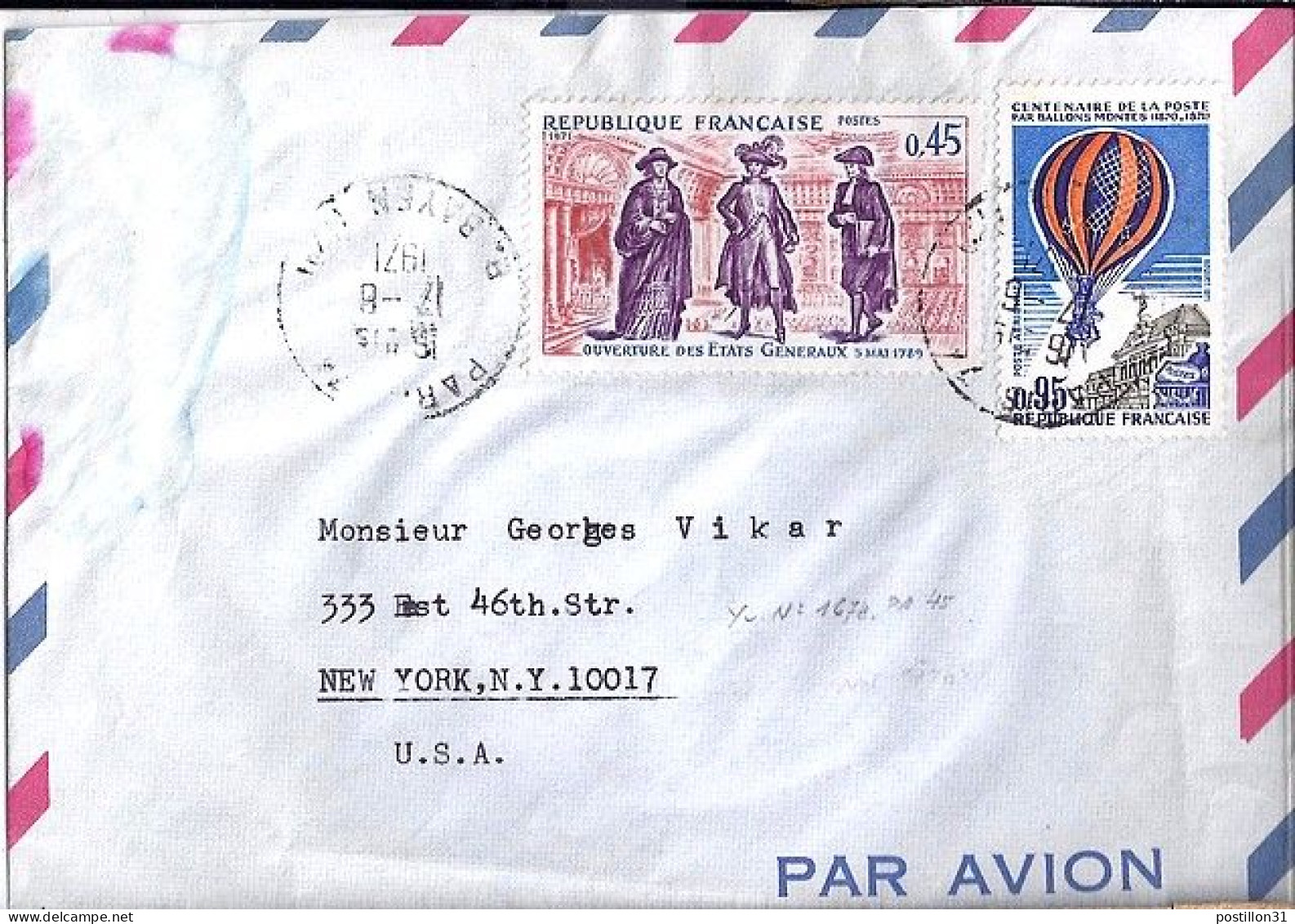 FRANCE N° 1678/PA45 S/L. DE PARIS/17.8.71 POUR LES USA - Briefe U. Dokumente