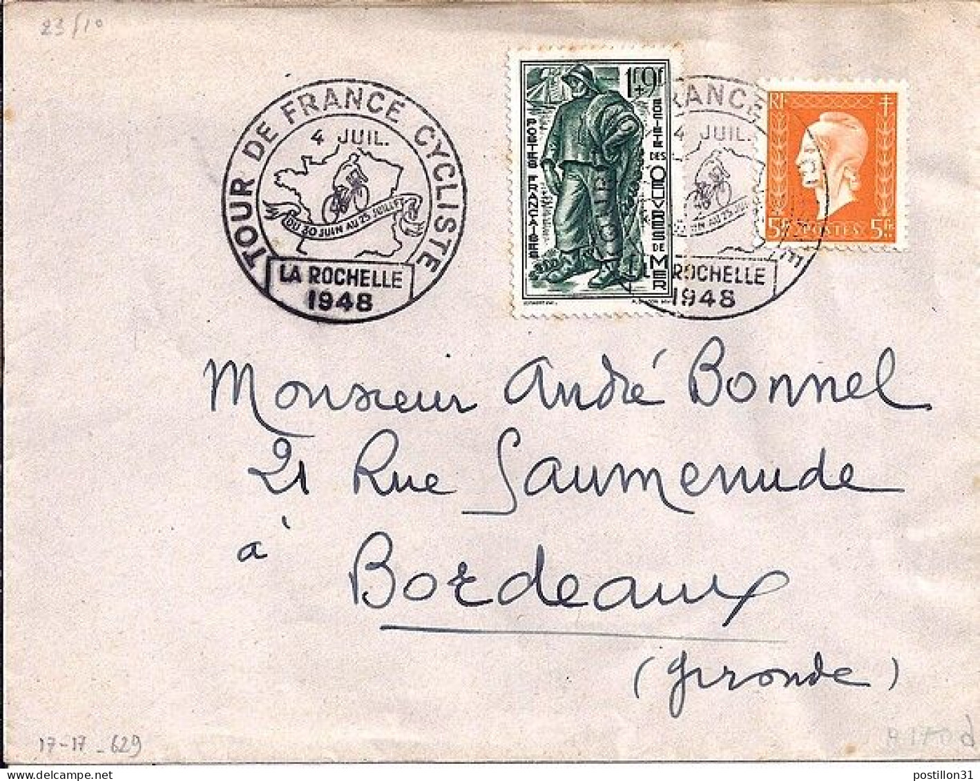 FRANCE N° 504 + COMPL.S/L. DE LA ROCHELLE/TOUR DE FRANCE/4.7.48 - Lettres & Documents