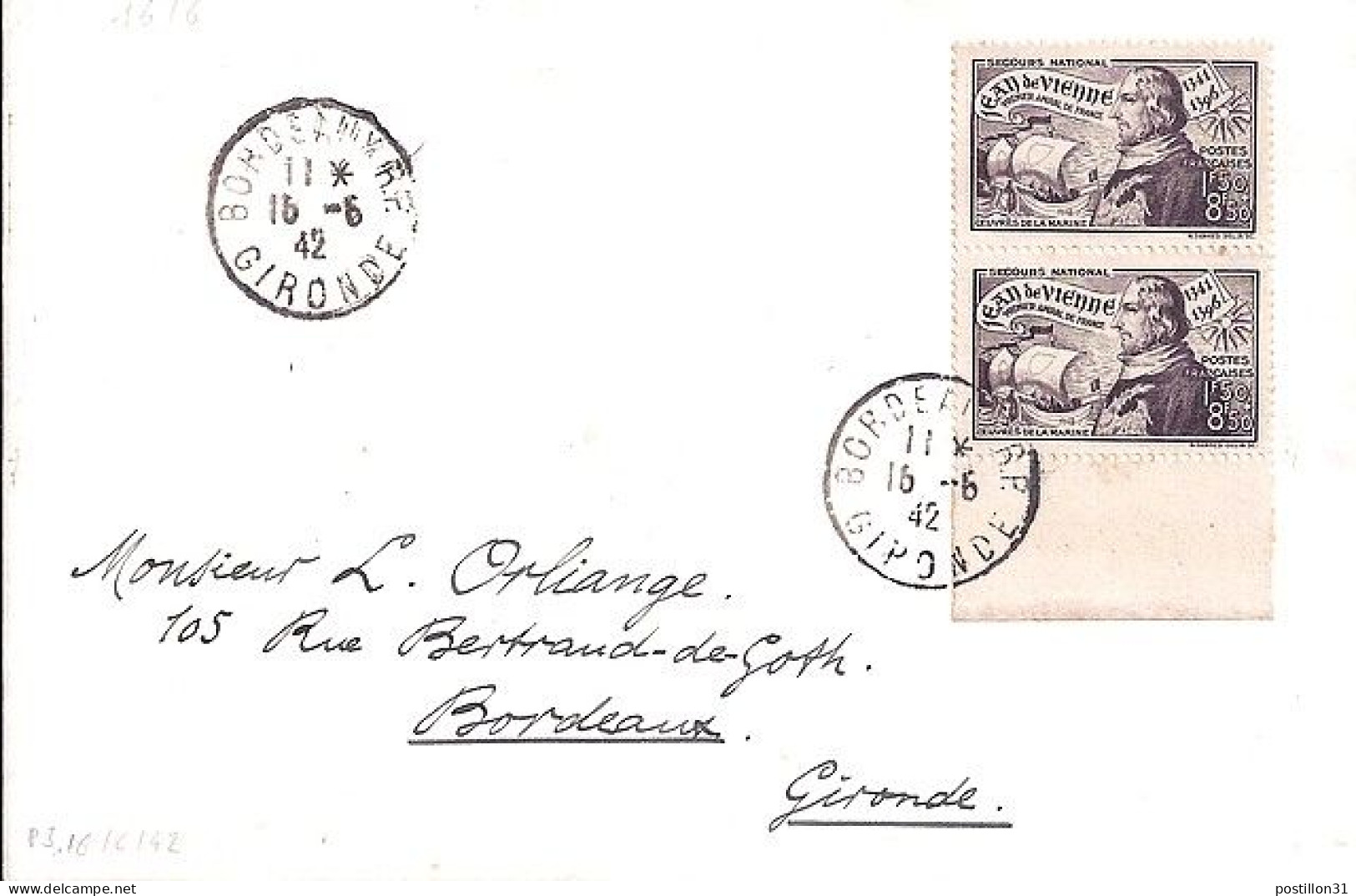 FRANCE N° 544x2 S/L. DE BORDEAUX/16.6.42 - Lettres & Documents