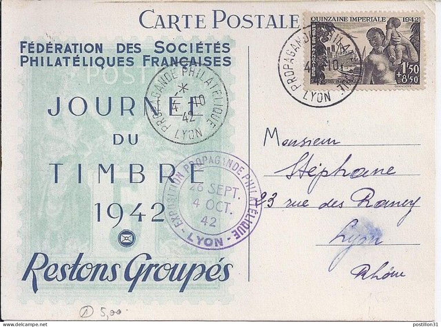 FRANCE N° 543 S/CP DE LYON/PROPAGANDE PHIL./4.10.42 - Storia Postale