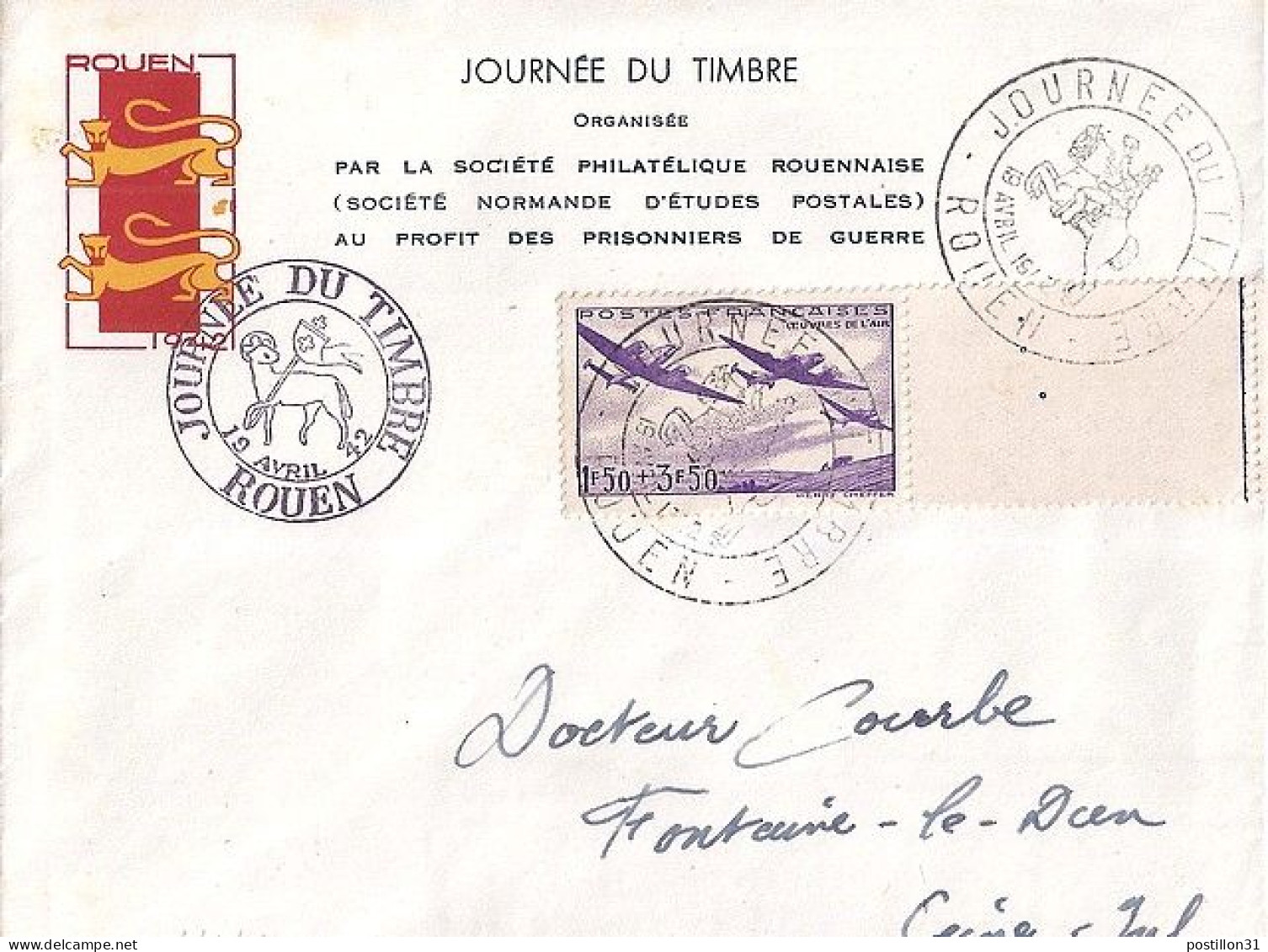 FRANCE N° 540 S/L. DE ROUEN/JOURNEE DU TP/19.4.42 - Cartas & Documentos
