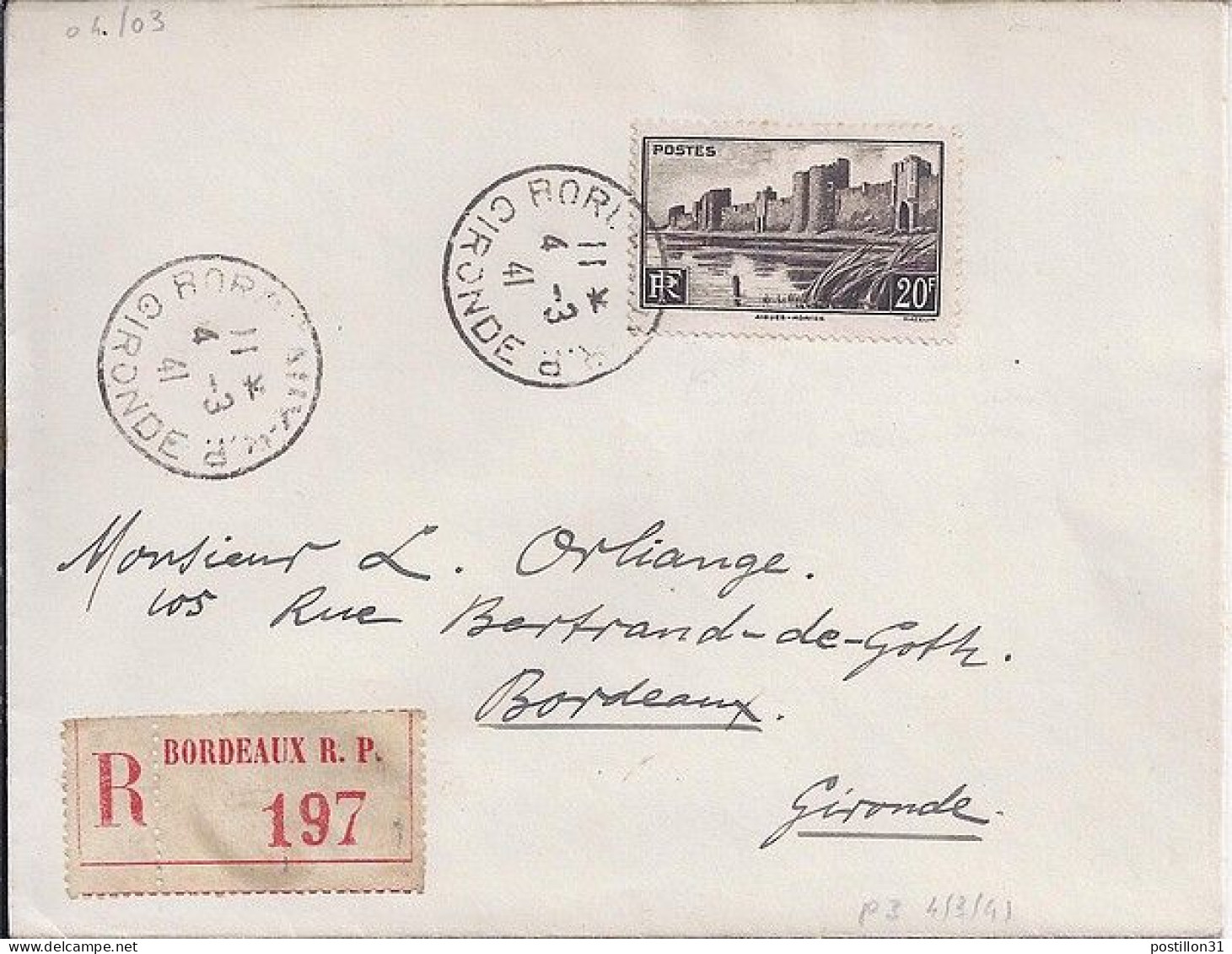 FRANCE N° 501 S/L.REC. DE BORDEAUX/4.3.41 - Briefe U. Dokumente