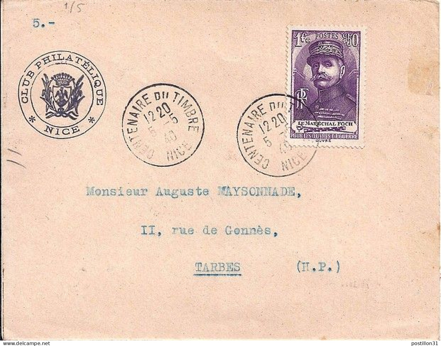 FRANCE N° 455 S/L. DE NICE/CENTENAIRE DU TP/5.5.40 - Storia Postale
