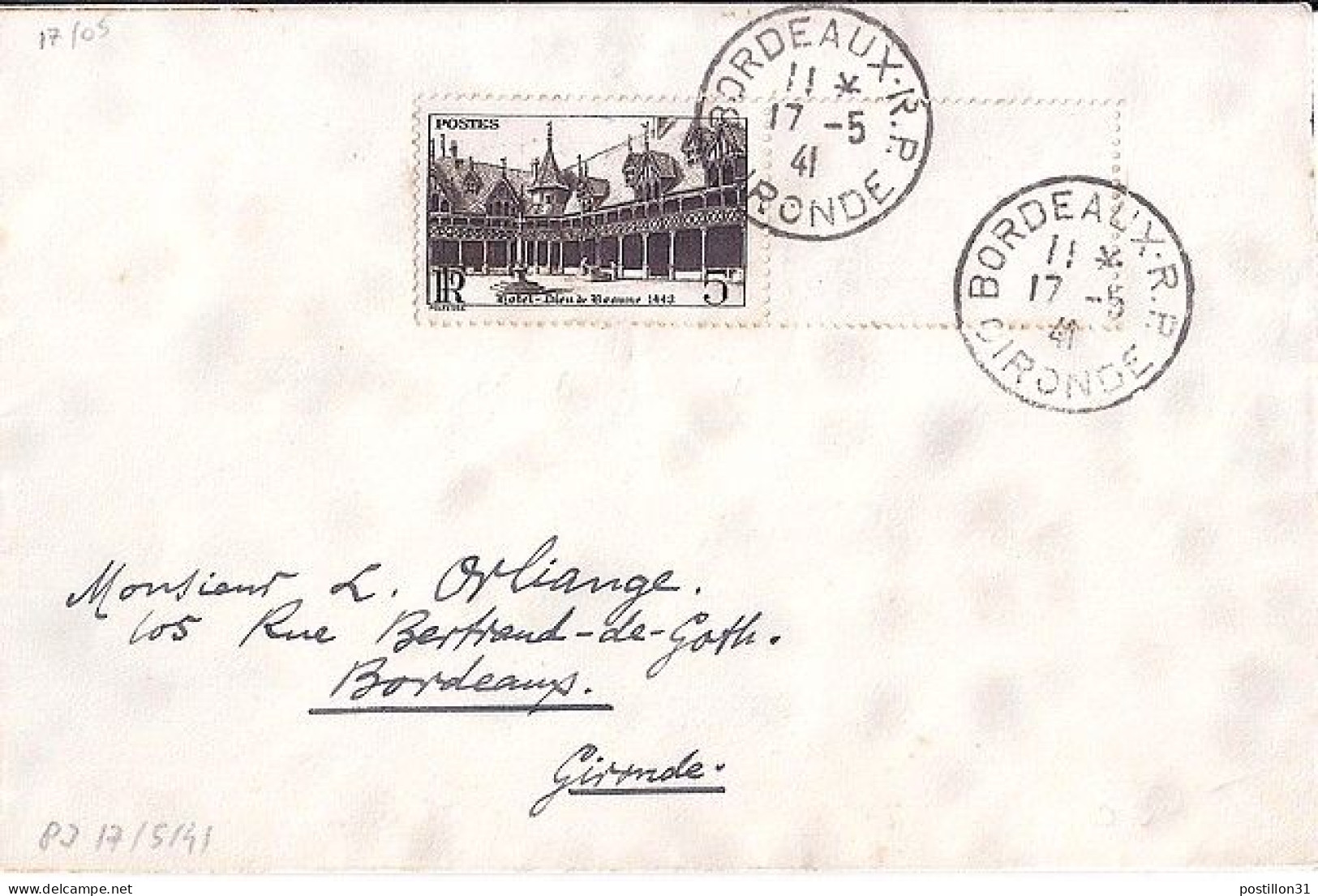 FRANCE N° 499 S/L. DE BORDEAUX/17.5.41 - Brieven En Documenten