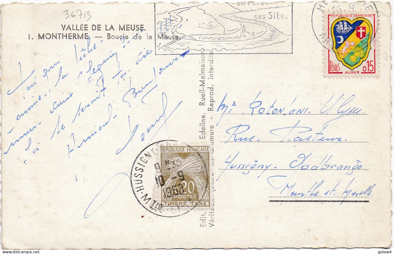 36713# CARTE POSTALE MONTHERME ARDENNES BOUCLE DE LA MEUSE 1960 TAXE GERBE Obl HUSSIGNY GODBRANGE MEURTHE ET MOSELLE - 1960-.... Storia Postale