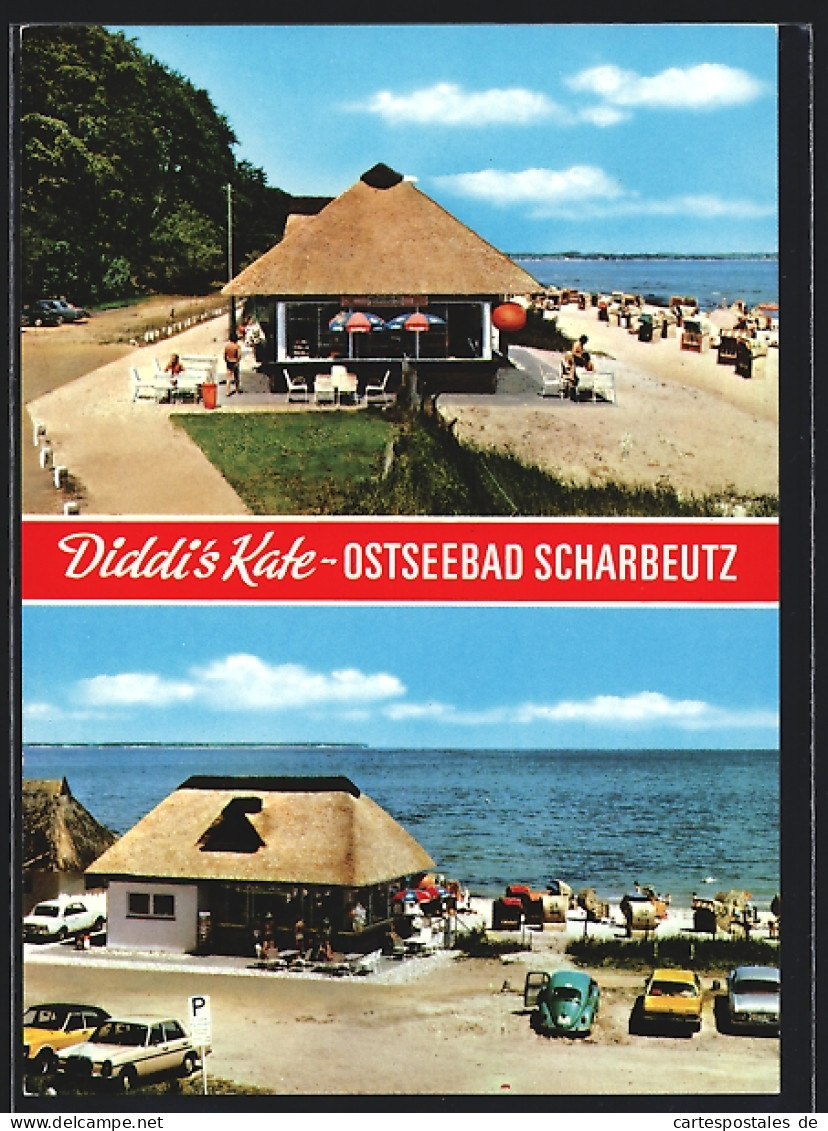 AK Scharbeutz, Diddi`s Kate, Ansicht Am Strand Mit Meerblick, Parkender VW Käfer  - Scharbeutz