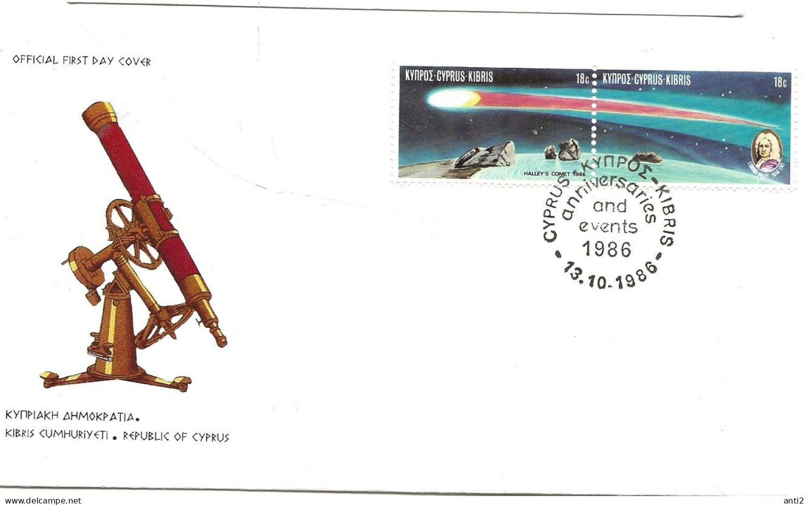 Cyprus 1986 Halley's Comet, Coast,  Edmond Halley (1656-1742), English Astronomer, Mi 662-663  FDC - Storia Postale