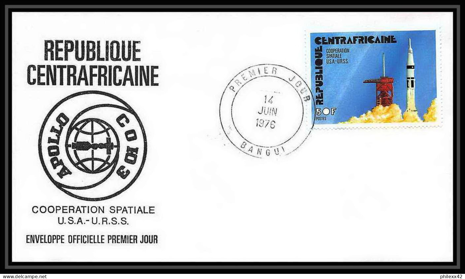 7829/ Espace (space) Lettre (cover) 14/6/1976 Cooperation Spatiale USA-URSS Apollo-Soyouz République Centrafricaine - Afrique