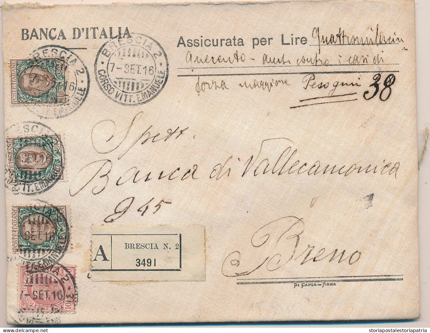 1916 ASSICURATA ANCHE PER FORZA MAGGIORE LIRE 4500 GR 38 3X1 LIRA FLOREALE + 0,10 LEONI : RARA - Storia Postale