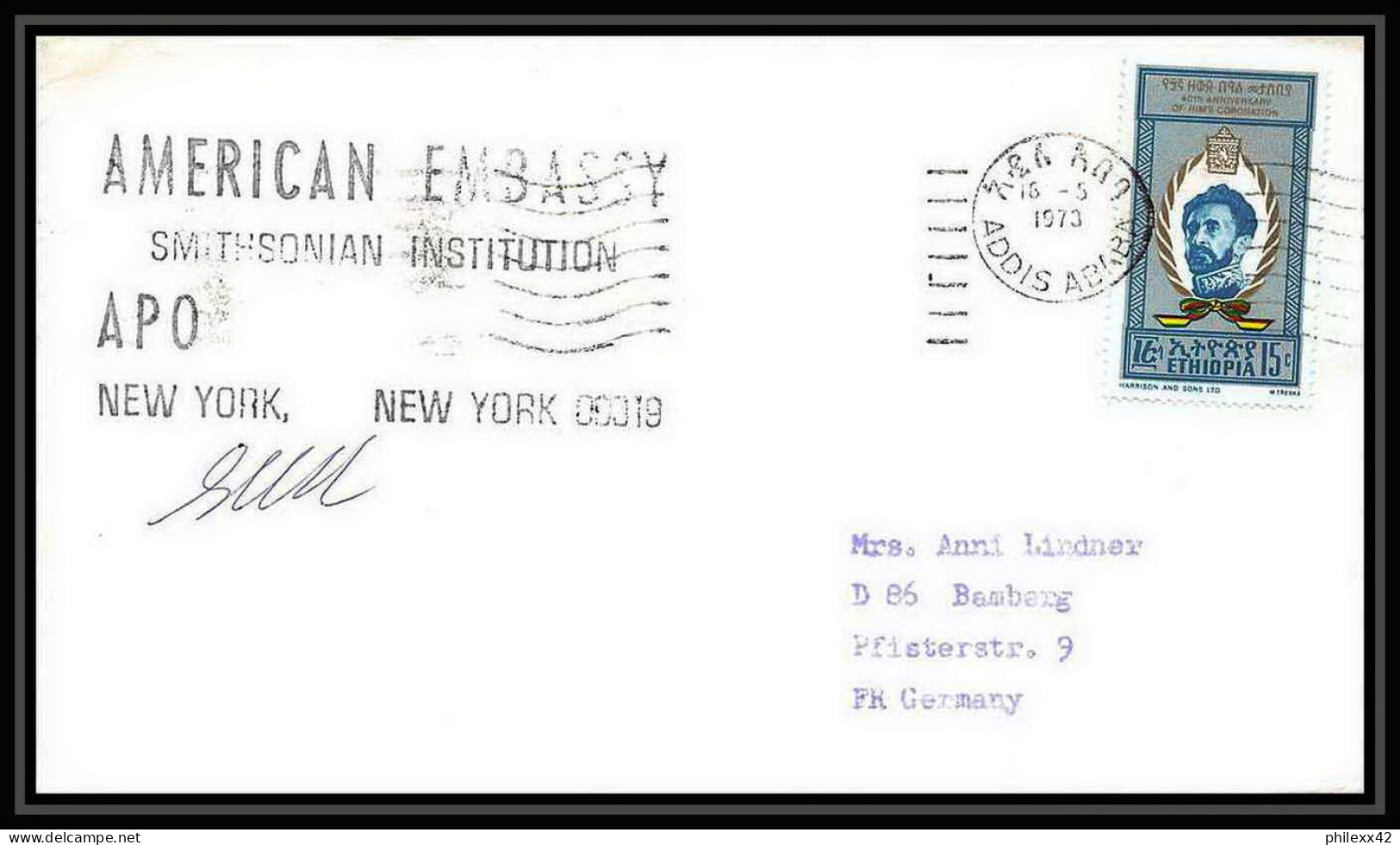 7109/ Espace (space) Lettre (cover) Signé (signed Autograph) 16/5/1973 Skylab 1 Smithsonian Ethiopie (Ethiopia) - Afrique