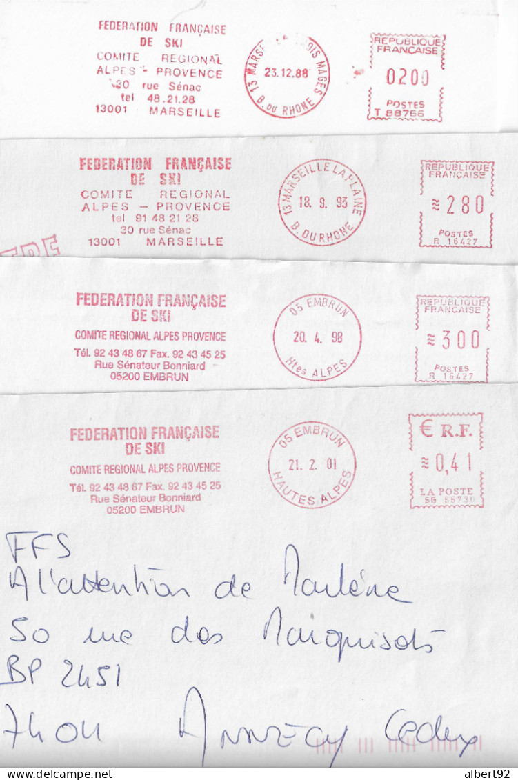 1988/2001 4 EMA Du Comité Régional De Ski Alpes- Provence: 4 Variétés (adresse, Fr/€, N° T 88766, R 16427, SG 55731...) - Skiing