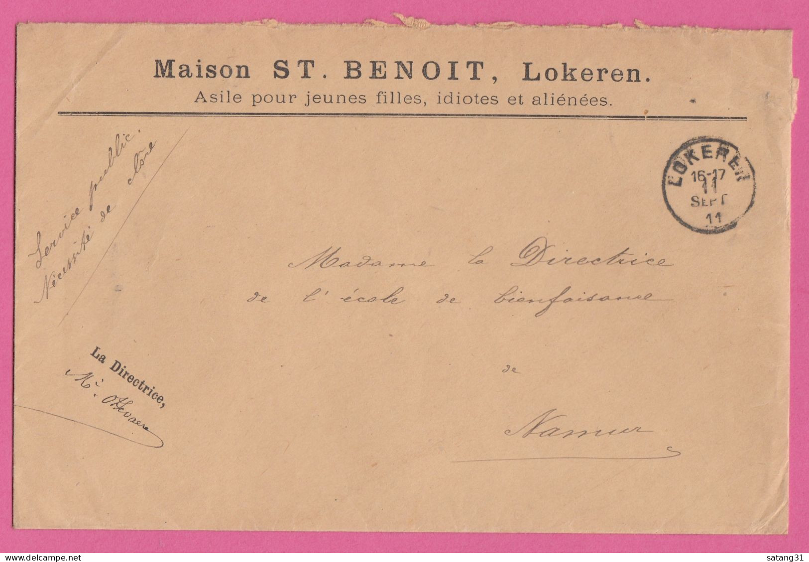 MAISON ST. BENOIT,LOKEREN. ASILE POUR JEUNES FILLES,IDIOTES ET ALIENEES.LETTRE EN FP POUR NAMUR,1911. - Franquicia