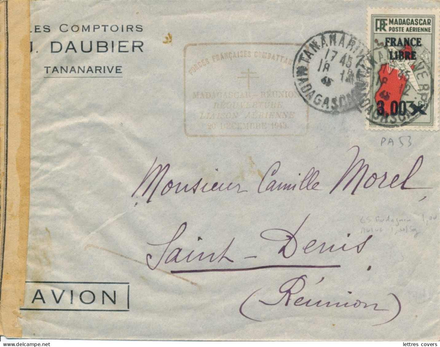 Madagascar PA N° 53 3f FRANCE LIBRE FORCES COMBATTANTES 18/12/43 REOUVERTURE LIAISON AERIENNE REUNION Lettre Avion - Airmail