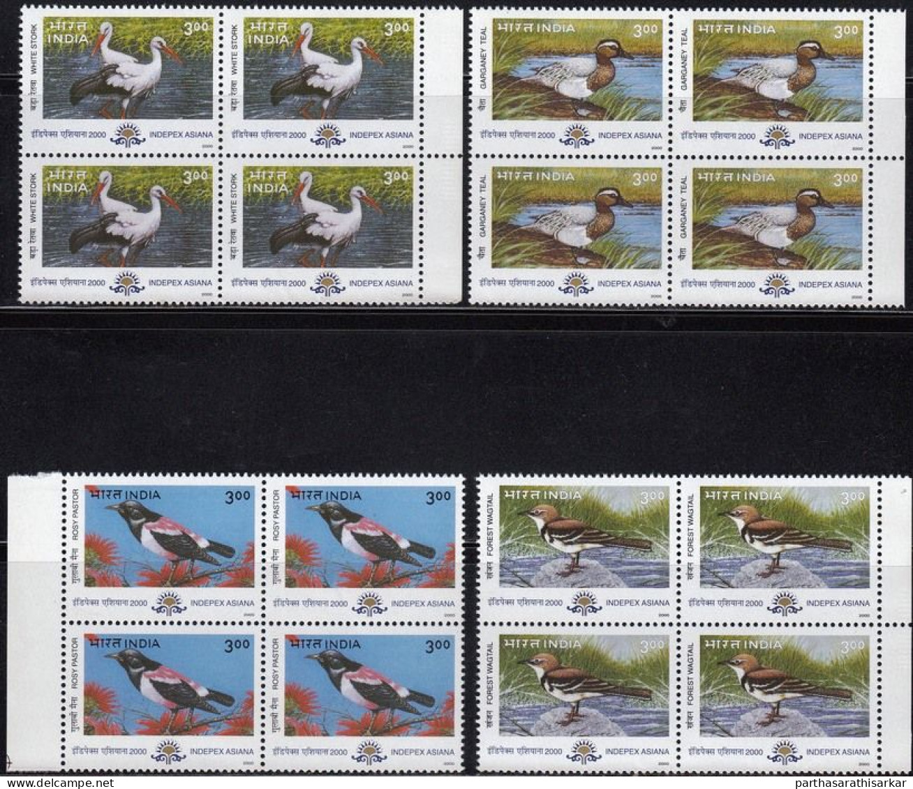 INDIA 2000 INDEPEX ASIANA 2000 INTERNATIONAL STAMP EXHIBITION CALCUTTA MIGRATORY BIRDS COMPLETE SET BLOCK OF 4 MNH RARE - Ongebruikt