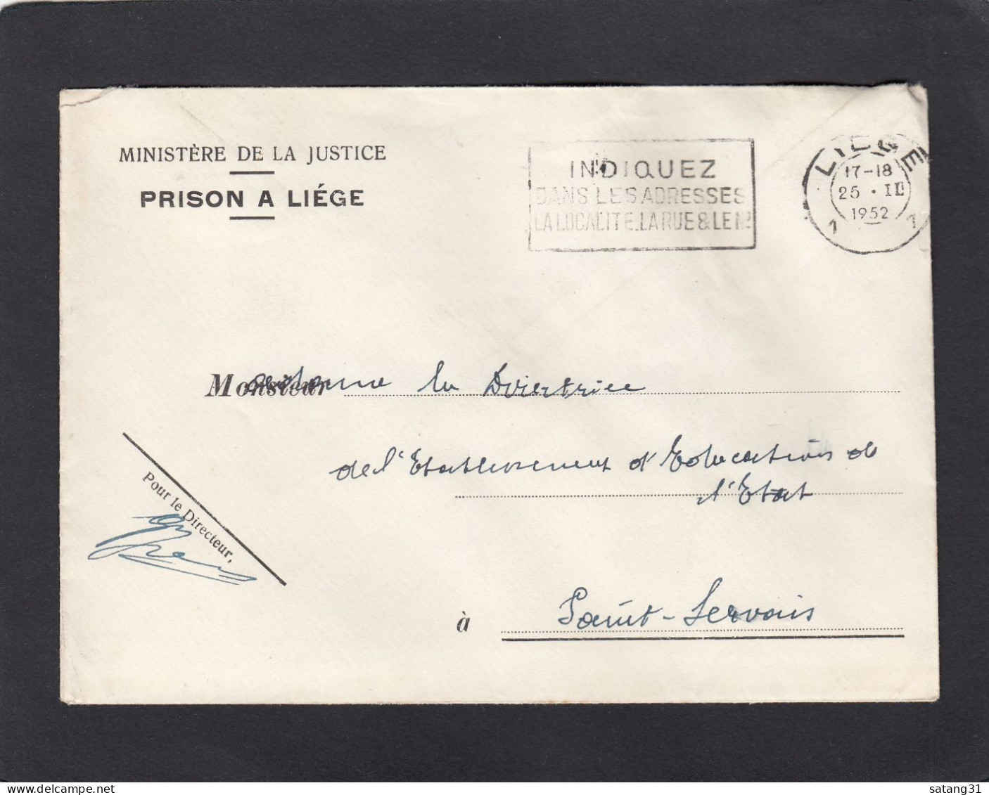 MINISTERE DE LA JUSTICE,PRISON A LIEGE .LETTRE EN FP POUR ST. SERVAIS,1952. - Zonder Portkosten