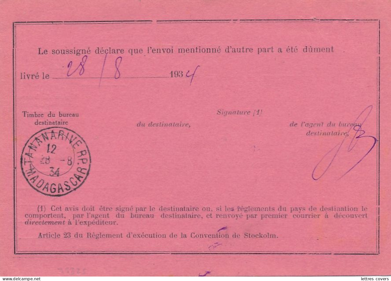 1934 MADAGASCAR N°173 75c SEUL Sur AVIS DE RECEPTION Envoi Recommandé - Tananarive - Lettre Cp CARTE - Briefe U. Dokumente