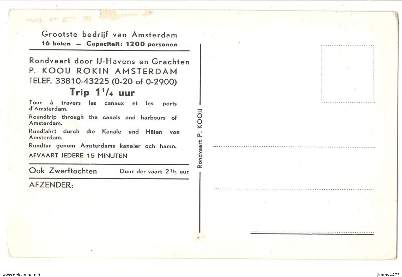 CPA - Rondvaart - P. Kooij Rokin - Amsterdam + Texte Au Dos - Noord-Holland Pays-Bas - Rondvaart P. KOOIJ - Aéroglisseurs