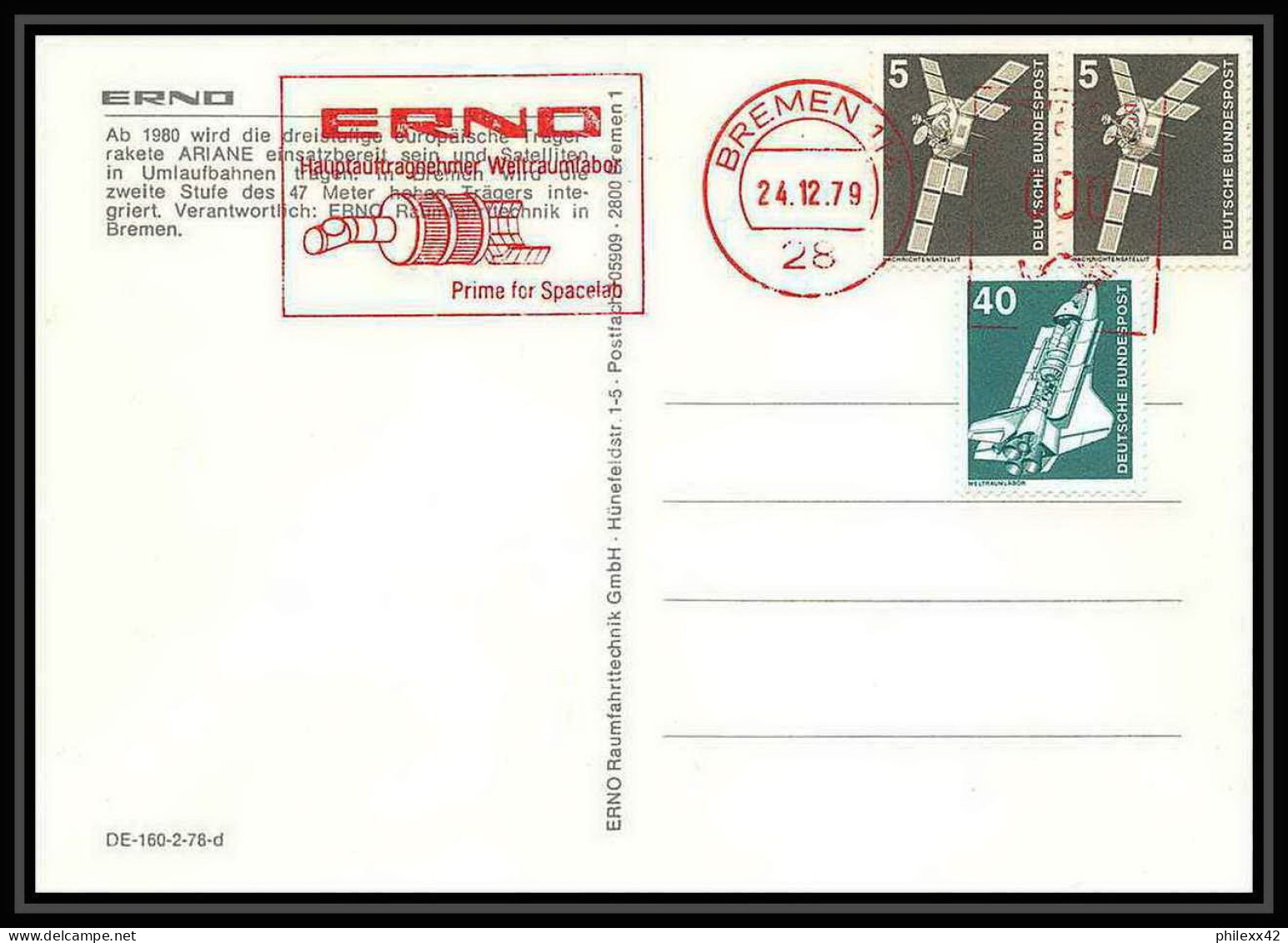 8256/ Espace (space Raumfahrt) Carte Postale (postcard) 24/12/1979 Erno Shuttle (navette) Allemagne (germany Bund) - Europa