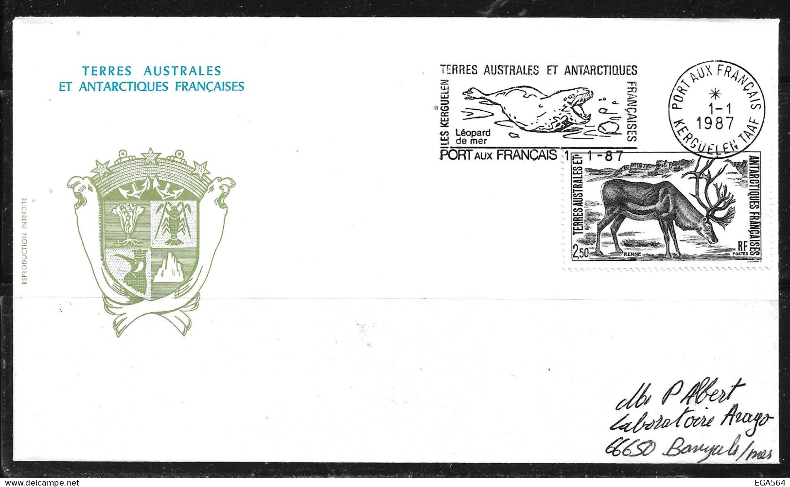 121 - Y&T PO 123 Renne Sur Enveloppe TAAF FDC Du 1.1.1987 Kerguelen - Flamme Léopard De Mer - Lettres & Documents