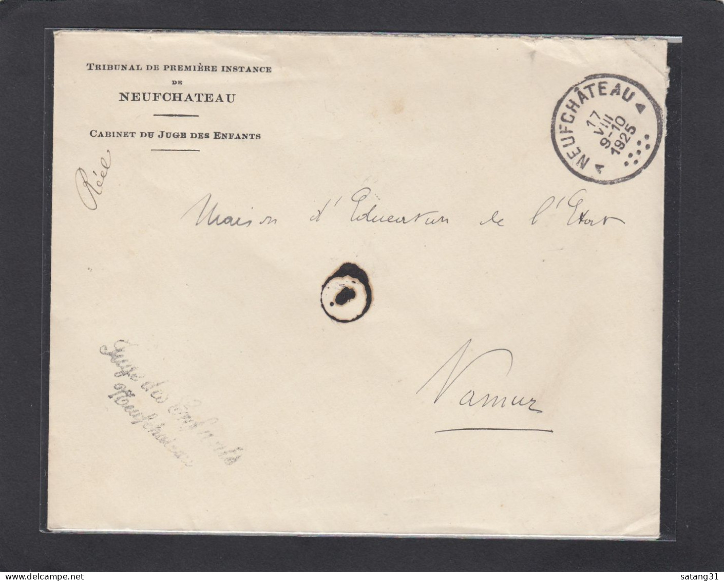 TRIBUNAL DE PREMIERE INSTANCE DE NEUFCHATEAU,CABINET DU JUGE D'ENFANTS .LETTRE EN FP POUR NAMUR,1925. - Portofreiheit