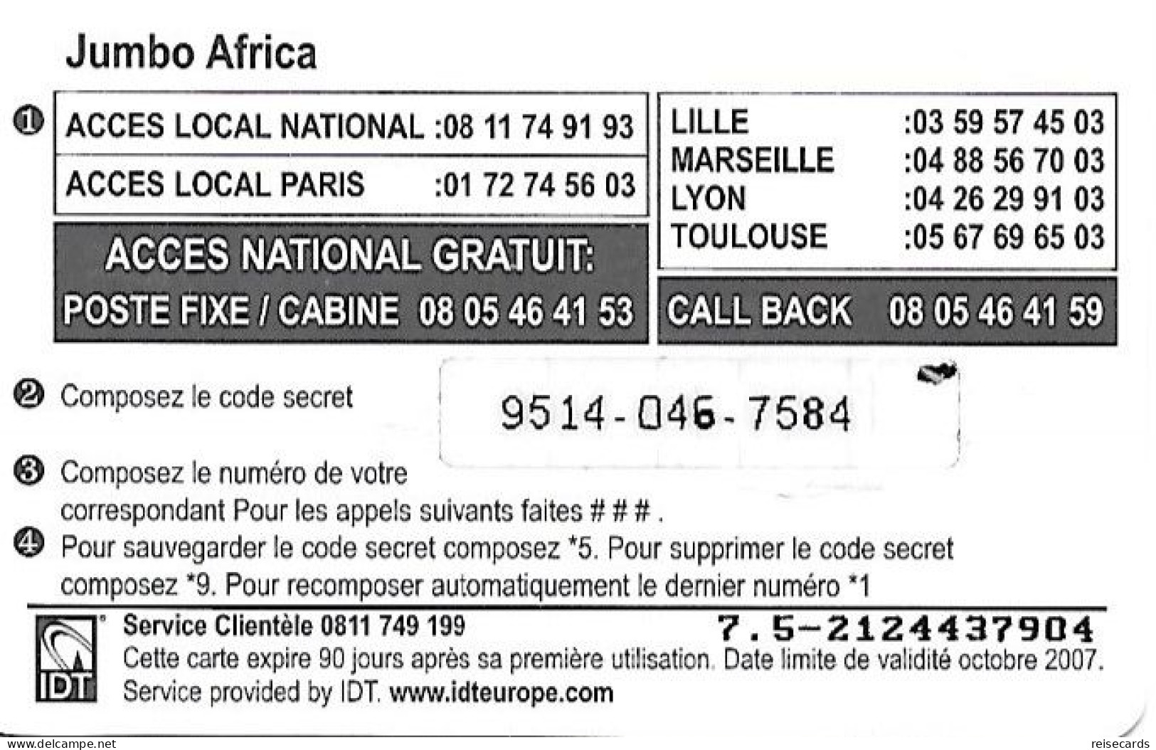 France: Prepaid IDT Jumbo Africa 10.07 - Andere & Zonder Classificatie