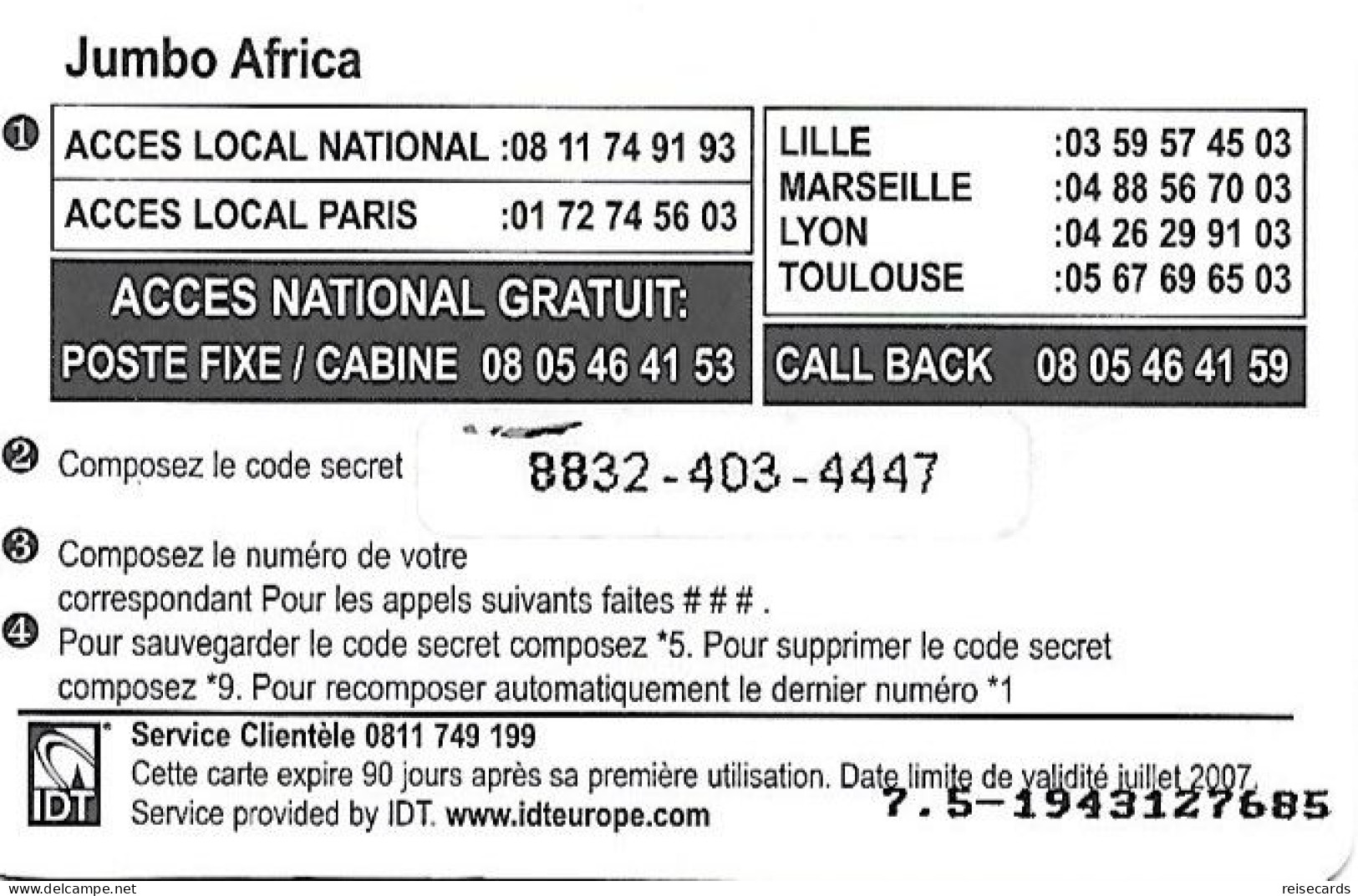 France: Prepaid IDT Jumbo Africa 07.07 - Altri & Non Classificati