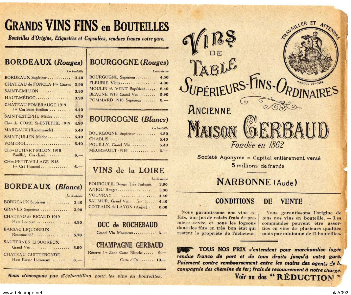 Tarifs : Vins De Table Maison Gerbaud Narbonne - Alimentos