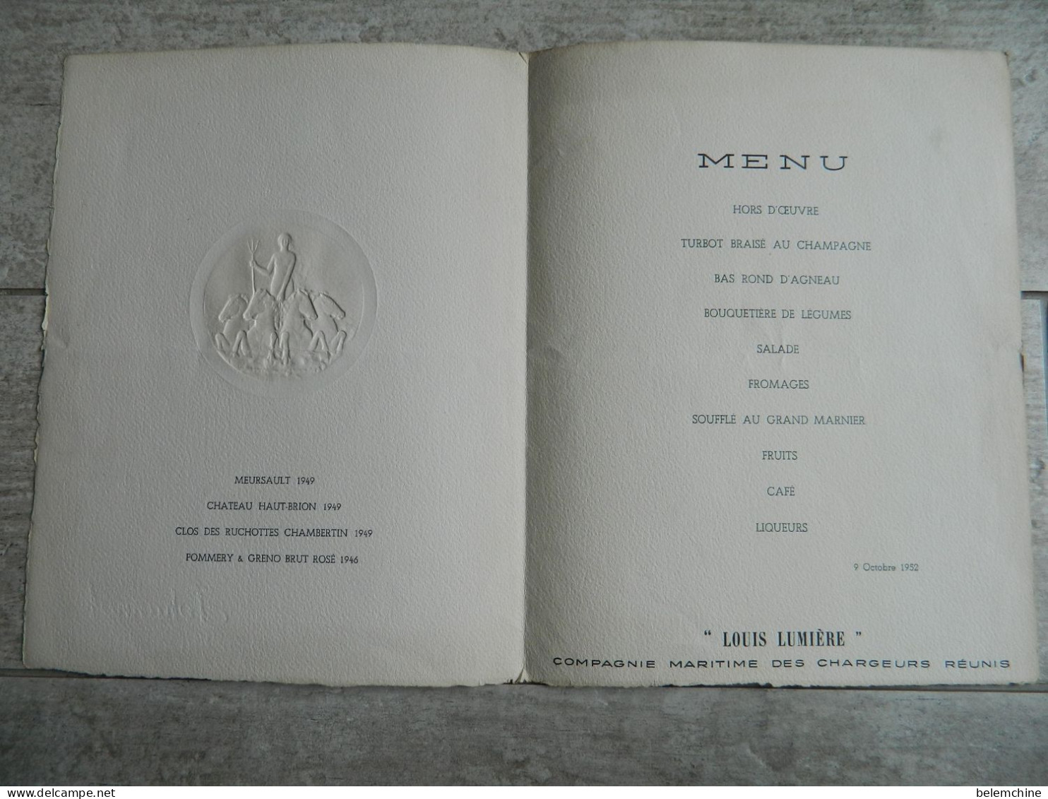 MENU  DU PAQUEBOT LOUIS LUMIERE COMPAGNIE MARITIME DES CHARGEURS REUNIS DINER D'ADIEUX DU 09 OCTOBRE 1952 - Menu