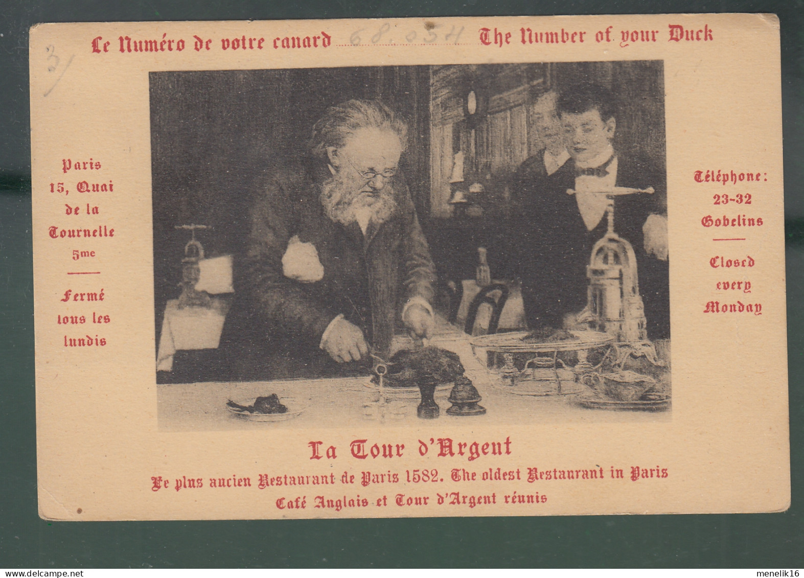 CP - 75 - Paris - La Tour D'Argent - 15 Quai De La Tournelle - Carte Du Canard Numérotée -  - Cafés, Hoteles, Restaurantes