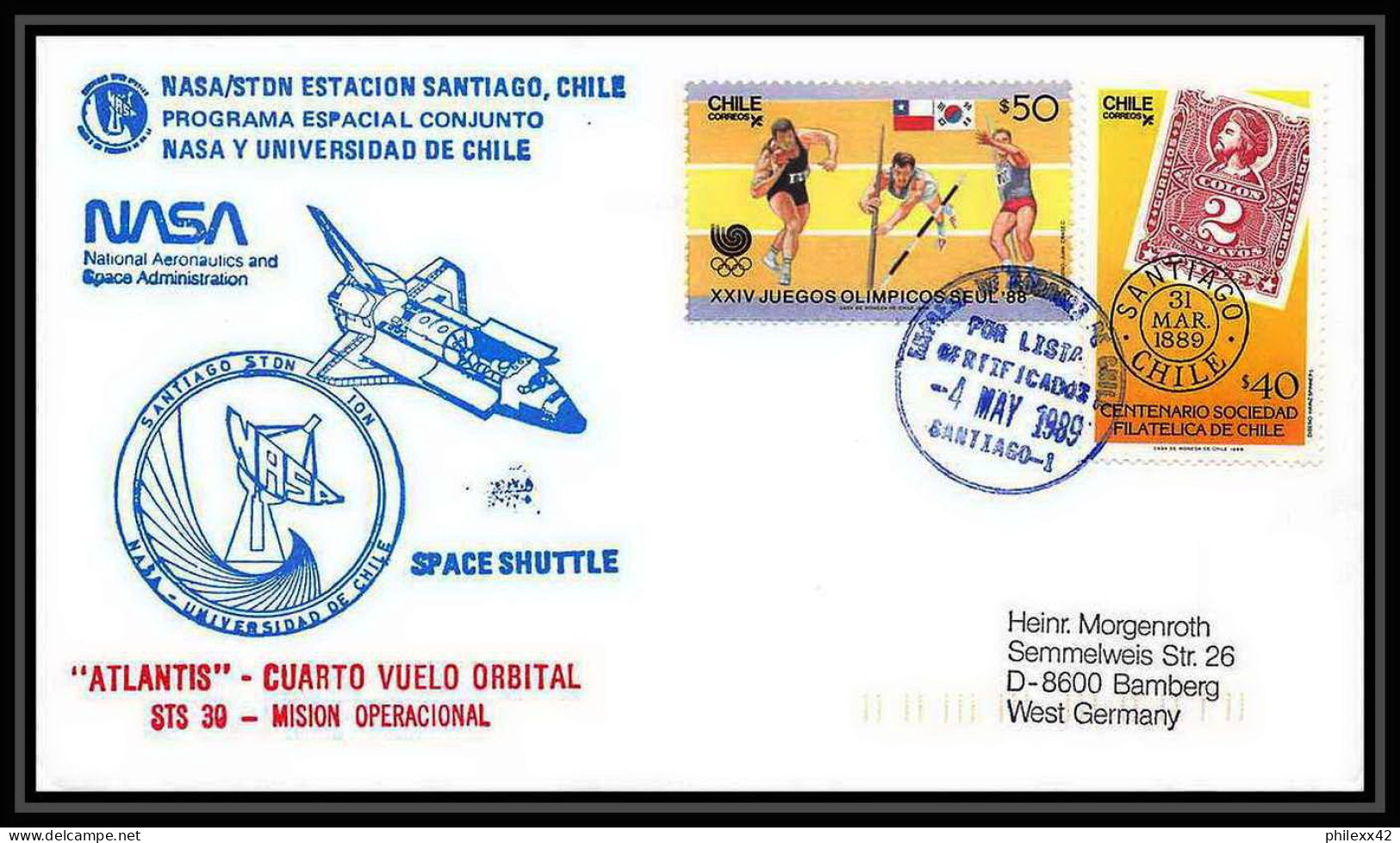 9795/ Espace (space Raumfahrt) Lettre (cover Briefe) 4/5/1989 Launch Sts-30 Shuttle (navette) Atlantis Chili (chile) - Südamerika