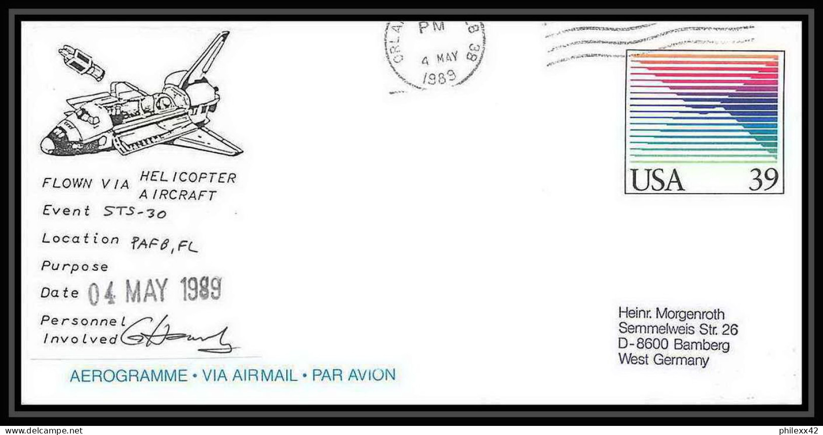 9711/ Espace (space) Aerogramme Signé (signed Autograph) 4/5/1989 Orlando Launch Sts-30 Shuttle (navette) USA - United States