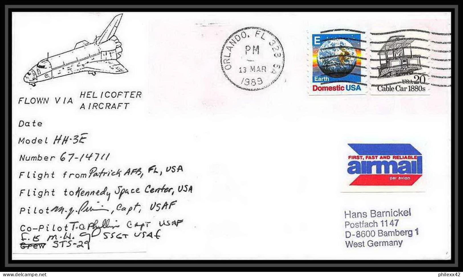 9689/ Espace (space) Lettre (cover) Signé (signed) Jolly Green Orlando 13/3/1989 Launch Sts-29 Shuttle (navette) USA - United States