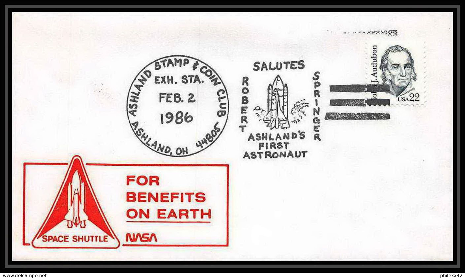 9299/ Espace (space) Lettre (cover) 2/2/1986 Ashland Salure Robert Springer Shuttle (navette) USA - United States