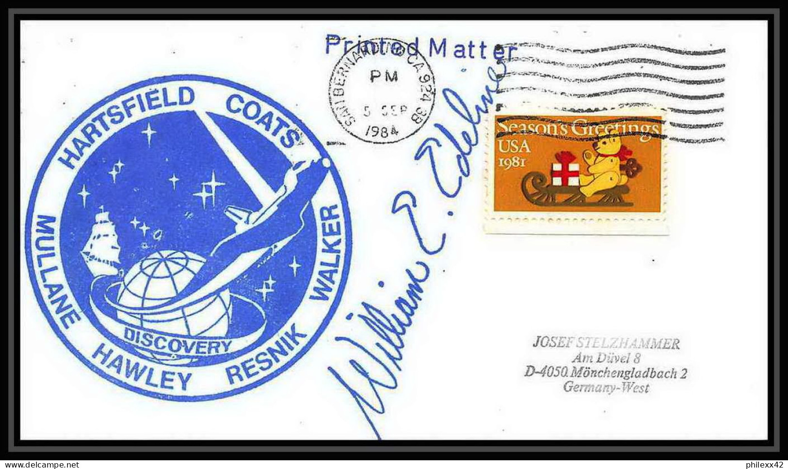 9166/ Espace (space) Lettre (cover) Signé (signed) 5/9/1984 Shuttle (navette) Mullane Hawley San Bernardino USA - United States