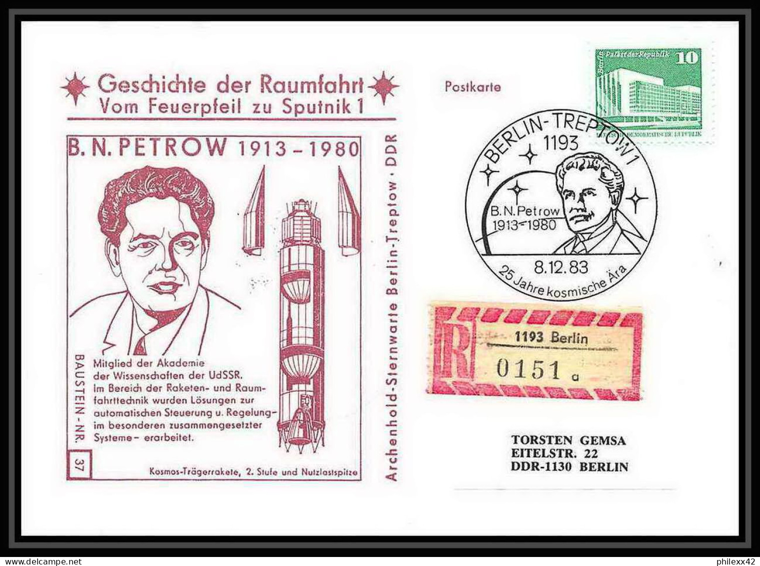 9103/ Espace (space) Lettre (cover) 8/12/1983 Petrov Geschichte Der Spoutnik Allemagne (germany DDR) - Europa