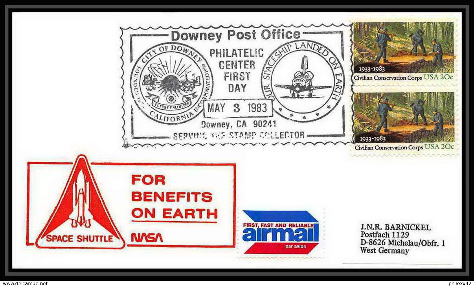 9027/ Espace (space Raumfahrt) Lettre (cover Briefe) 35/5/1983 Shuttle (navette) Downey USA - United States