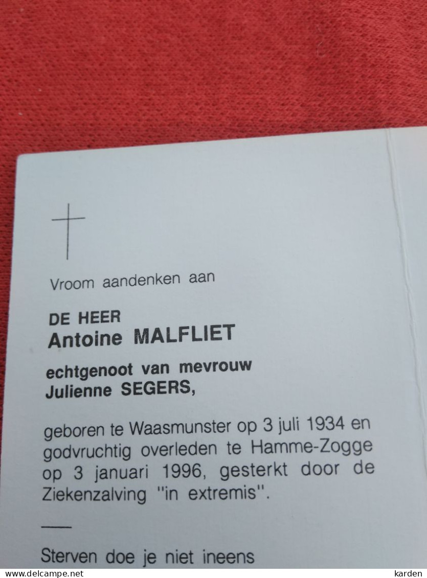 Doodsprentje Antoine Malfliet / Waasmunster 3/7/1934 Hamme Zogge 3/1/1996 ( Julienne Segers ) - Religion &  Esoterik