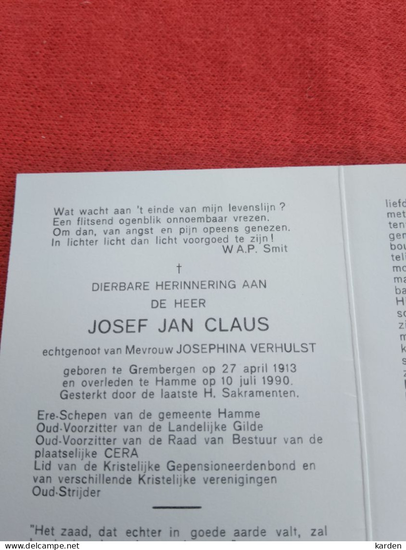 Doodsprentje Josef Jan Claus / Grembergen 27/4/1913 Hamme 10/7/1990 ( Josephina Verhulst ) - Godsdienst & Esoterisme